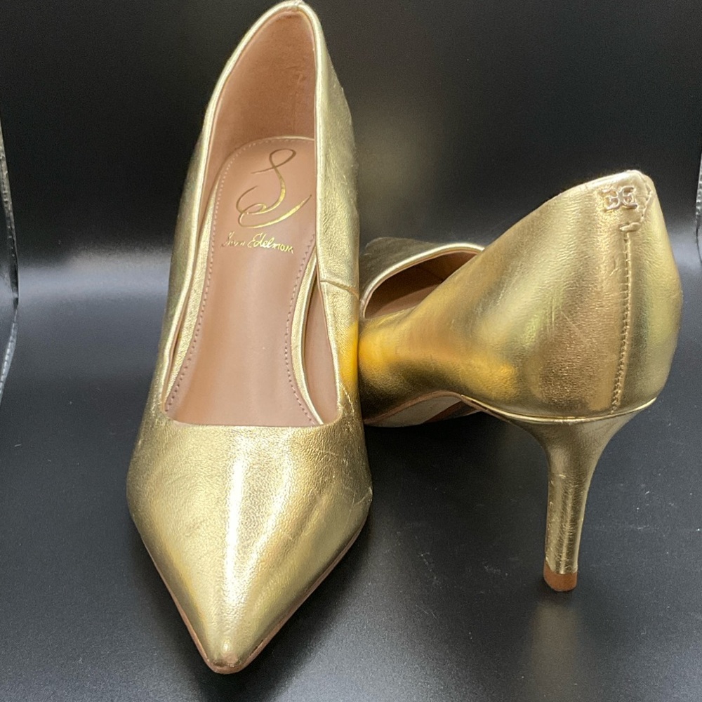 Sam Edelman Metallic Gold Pointed-Toe Mid Heel Pumps